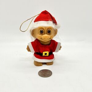 Russ Troll Doll Santa Ornament in Red and White Santa Suit 3.25" Vintage